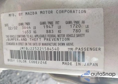 2002 Mazda Protege Dx/Es/Lx z USA, uszkodzony, nr VIN JM1BJ225221584540